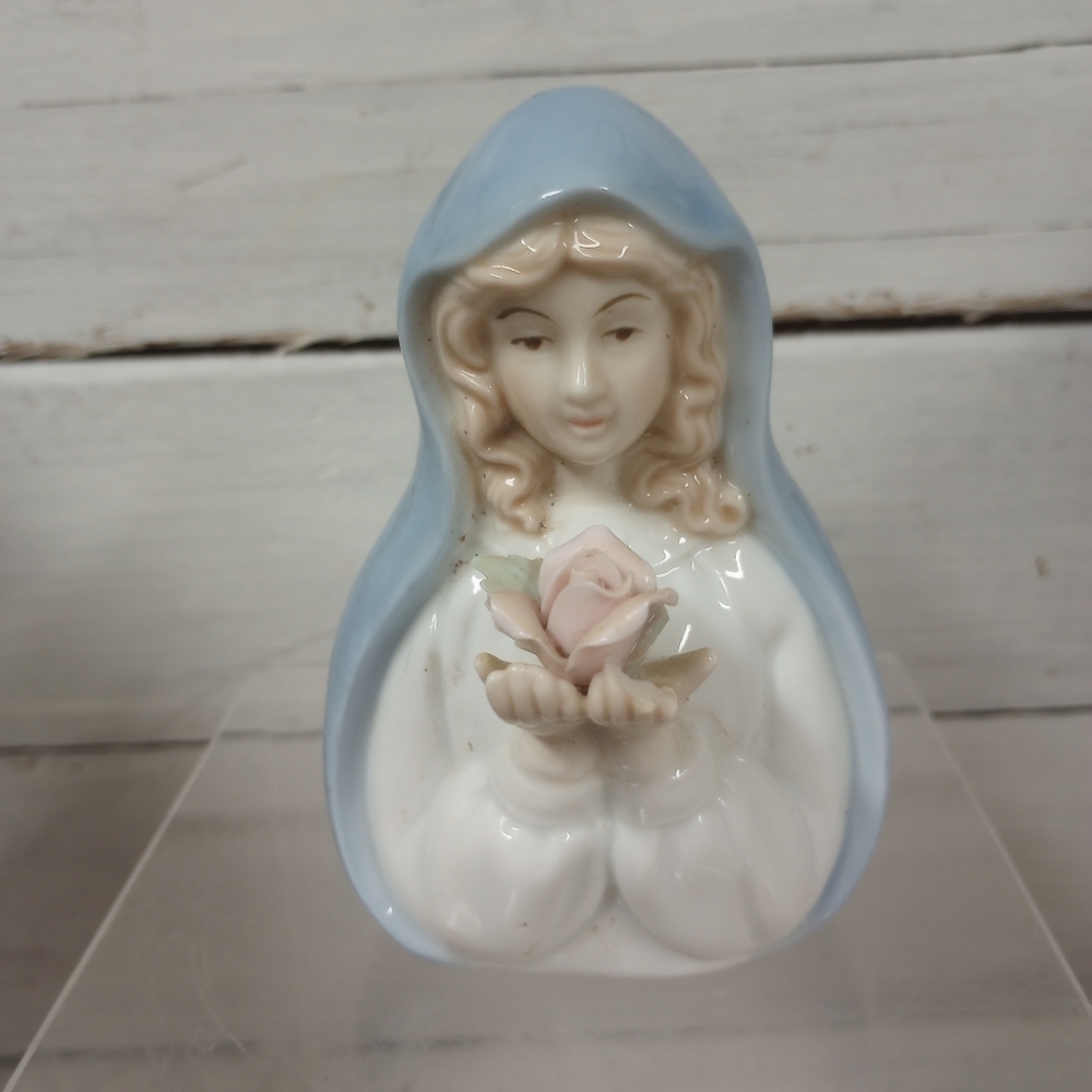 Vintage Porcelain Virgin Mary Ceramic Figurine With Flower Embellishment